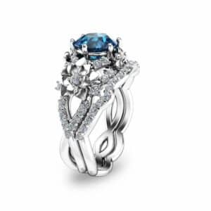 Art Deco Styled Topaz Bridal Set Unique 14K White Gold Engagement Rings London Blue Topaz Wedding Ring Set Floral Ring Set