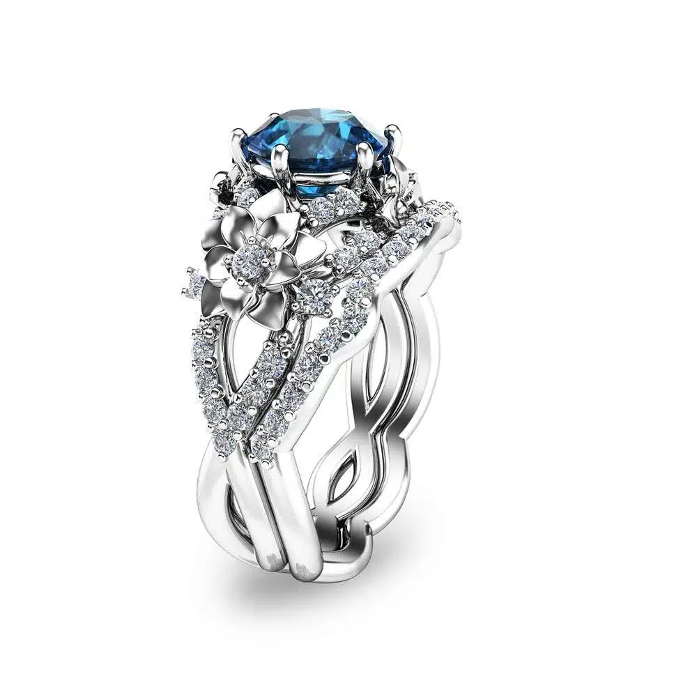 Art Deco Styled Topaz Bridal Set Unique 14K White Gold Engagement Rings London Blue Topaz Wedding Ring Set Floral Ring Set 1 Art Deco Styled Topaz Bridal Set Unique 14K White Gold Engagement Rings London Blue Topaz Wedding Ring Set Floral Ring Set