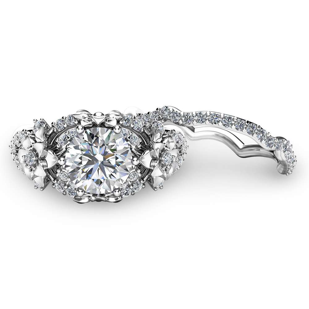 Floral Moissanite Engagement Ring Set 14K White Gold Ring with Matching Band Moissanite Engagement Rings