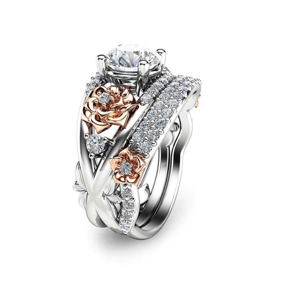 Floral Moissanite Engagement Ring Set 14K Two Tone Gold Rings Unique Moissanite Ring Art Deco Engagement Rings 1 Floral Moissanite Engagement Ring Set 14K Two Tone Gold Rings Unique Moissanite Ring Art Deco Engagement Rings