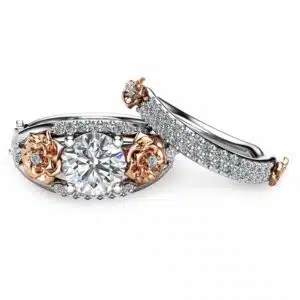 Floral Moissanite Engagement Ring Set 14K Two Tone Gold Rings Unique Moissanite Ring Art Deco Engagement Rings