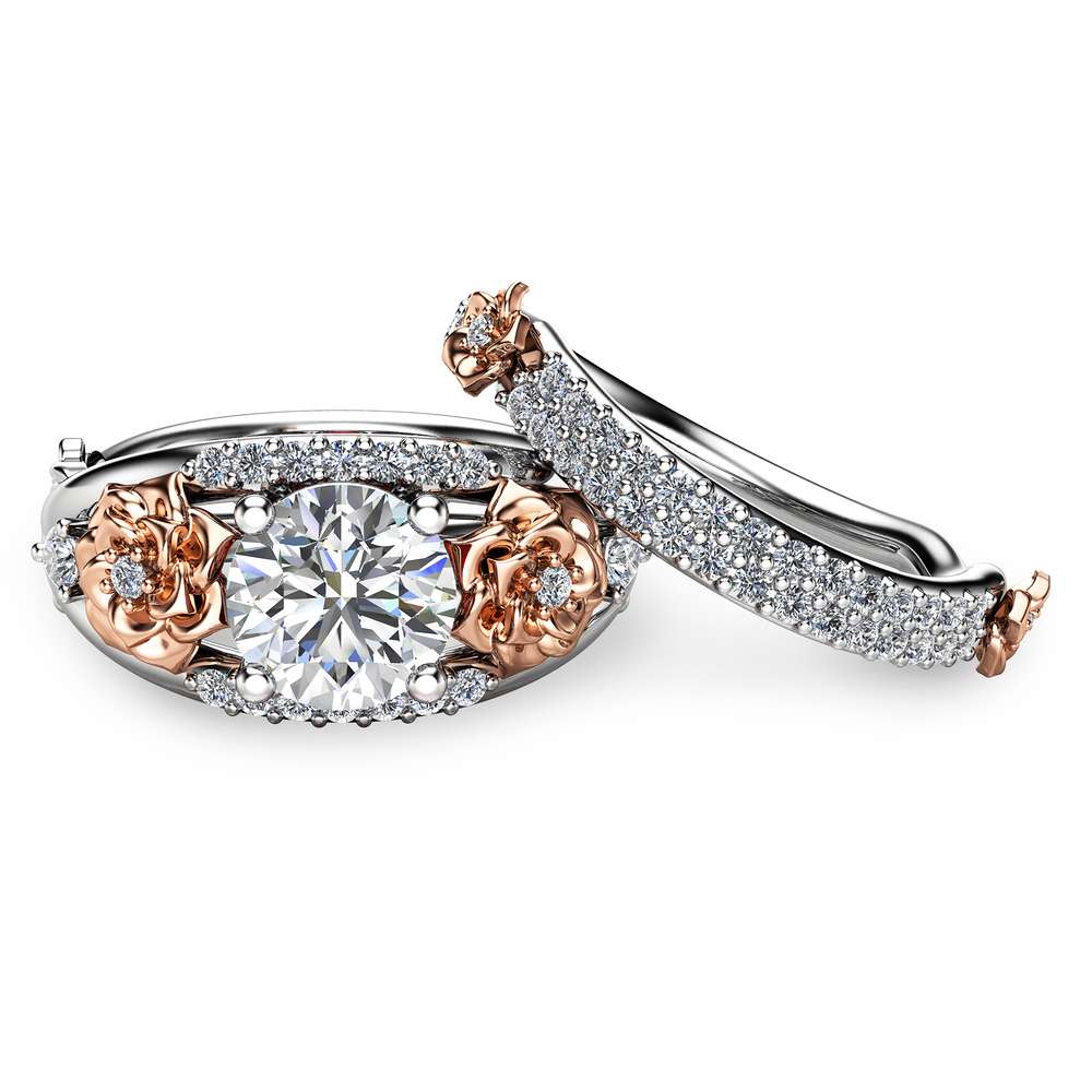 Floral Moissanite Engagement Ring Set 14K Two Tone Gold Rings Unique Moissanite Ring Art Deco Engagement Rings