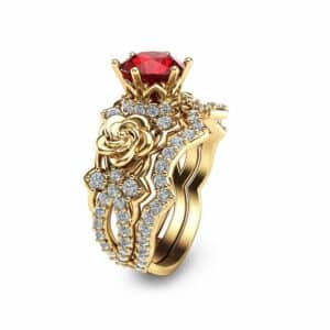 Natural Ruby Engagement Ring Set Unique Ruby Bridal Rings 14K Yellow Gold Engagement Rings Flower Rings