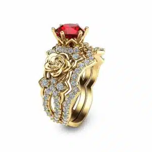 Natural Ruby Engagement Ring Set Unique Ruby Bridal Rings 14K Yellow Gold Engagement Rings Flower Rings