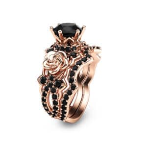 Natural Black Diamond 14K Rose Gold Flower Engagement Ring Set
