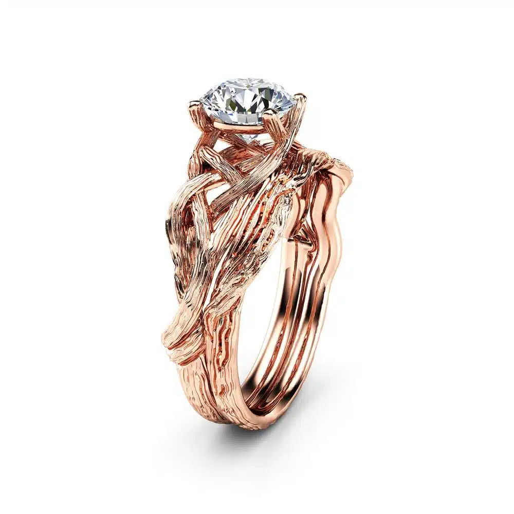 Twig Moissanite Engagement Ring Set 14K Rose Gold Moissanite Rings Unique Branch Matching Rings 1 Twig Moissanite Engagement Ring Set 14K Rose Gold Moissanite Rings Unique Branch Matching Rings