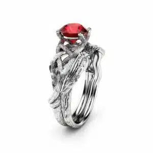 Ruby Twig Engagement Ring Set 14K White Gold Ruby Rings Unique Branch Matching Rings