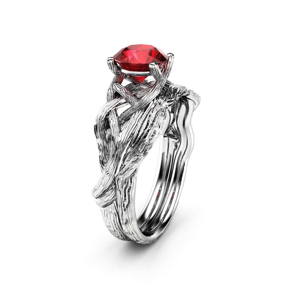 Ruby Twig Engagement Ring Set 14K White Gold Ruby Rings Unique Branch Matching Rings 1 Ruby Twig Engagement Ring Set 14K White Gold Ruby Rings Unique Branch Matching Rings