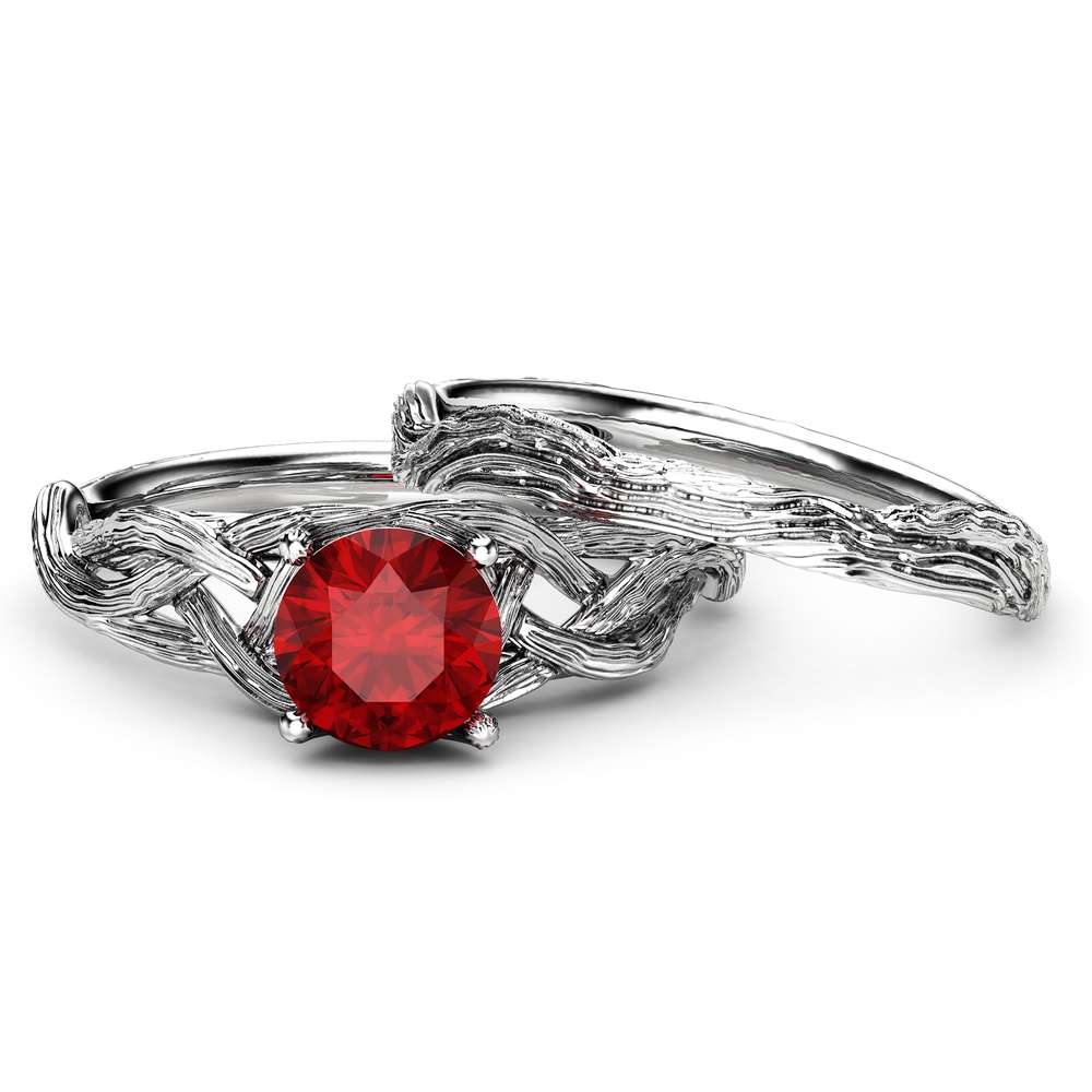 Ruby Twig Engagement Ring Set 14K White Gold Ruby Rings Unique Branch Matching Rings 2 Ruby Twig Engagement Ring Set 14K White Gold Ruby Rings Unique Branch Matching Rings