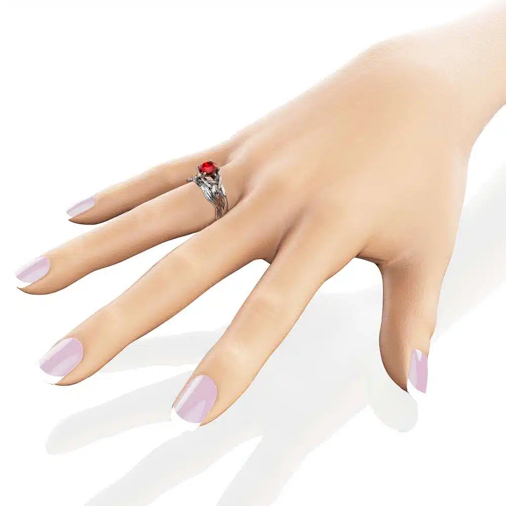 Ruby Twig Engagement Ring Set 14K White Gold Ruby Rings Unique Branch Matching Rings 3 Ruby Twig Engagement Ring Set 14K White Gold Ruby Rings Unique Branch Matching Rings