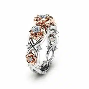 Three Stone Natural Diamonds Engagement Ring Nature Inspired Ring in 14K Two Tone Gold Unique Floral Ring