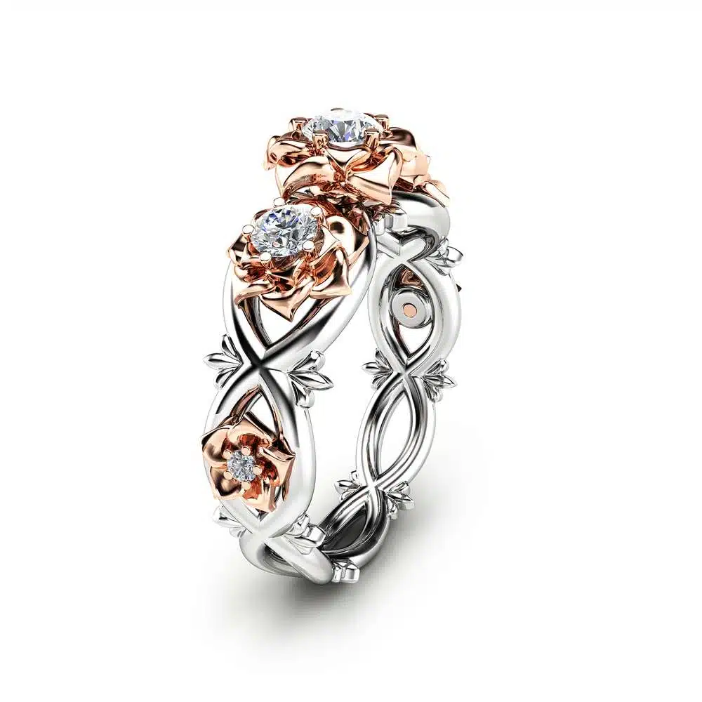 Three Stone Natural Diamonds Engagement Ring Nature Inspired Ring in 14K Two Tone Gold Unique Floral Ring