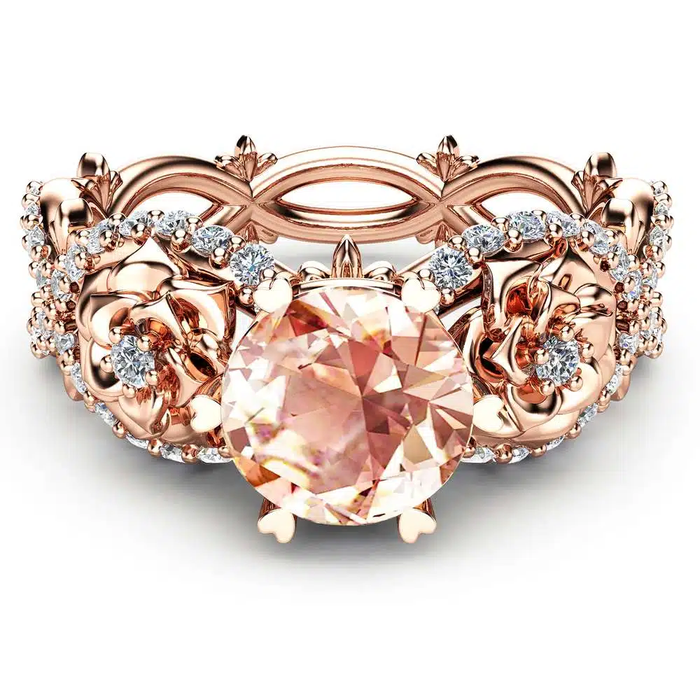 Peach Pink Morganite Engagement Ring in 14K Rose Gold Unique Flower Ring Nature Inspired Morgainte Ring Rose Gold Engagement Ring
