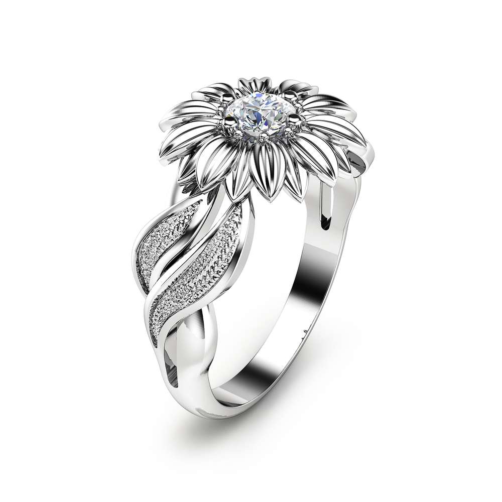 Natural Diamond Sunflower Engagement Ring 14K White Gold Sunflower Ring Solitaire Diamond Ring Unique Engagement Ring 1 Natural Diamond Sunflower Engagement Ring 14K White Gold Sunflower Ring Solitaire Diamond Ring Unique Engagement Ring