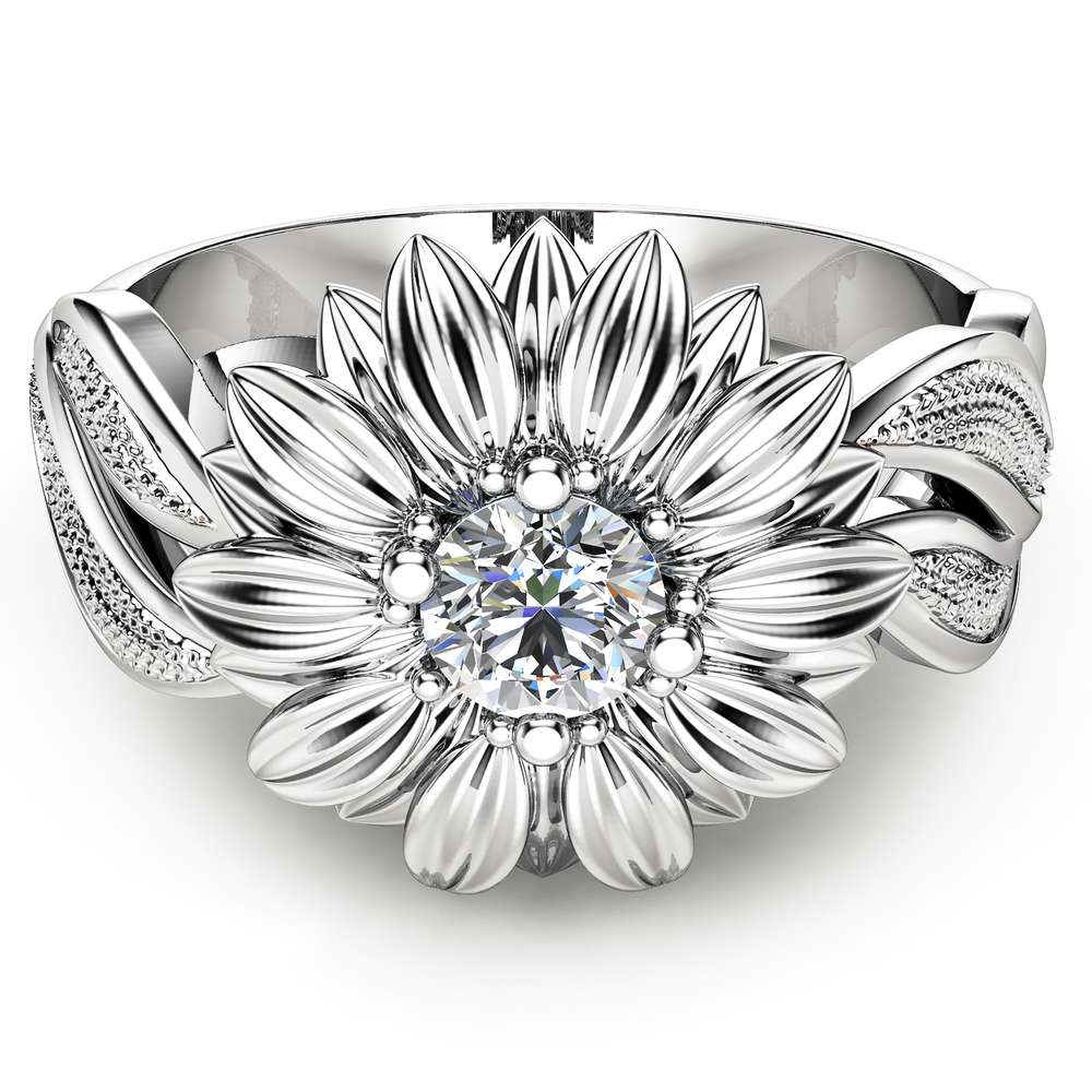 Natural Diamond Sunflower Engagement Ring 14K White Gold Sunflower Ring Solitaire Diamond Ring Unique Engagement Ring 2 Natural Diamond Sunflower Engagement Ring 14K White Gold Sunflower Ring Solitaire Diamond Ring Unique Engagement Ring