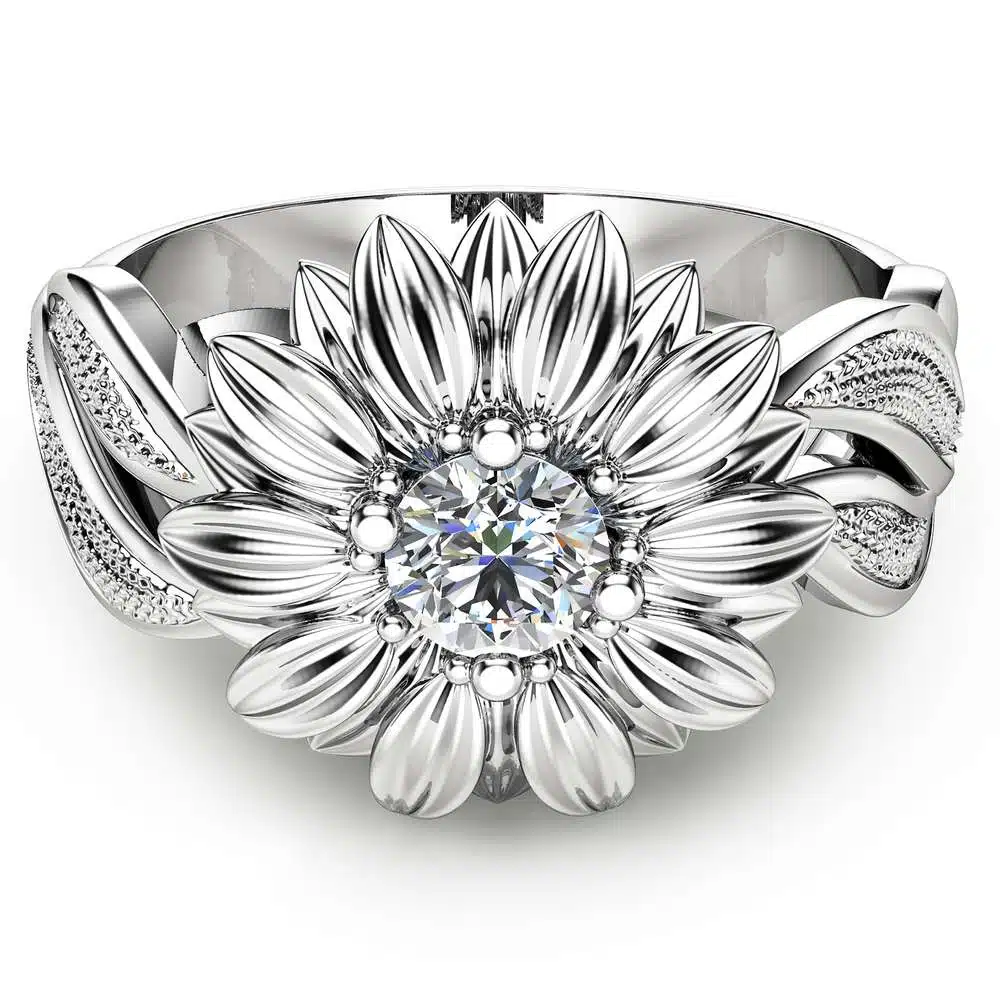 Natural Diamond Sunflower Engagement Ring 14K White Gold Sunflower Ring Solitaire Diamond Ring Unique Engagement Ring