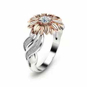 Natural Diamond Sunflower Engagement Ring 14K Two Tone Gold Flower Ring Unique Solitaire Ring Nature Inspired Ring