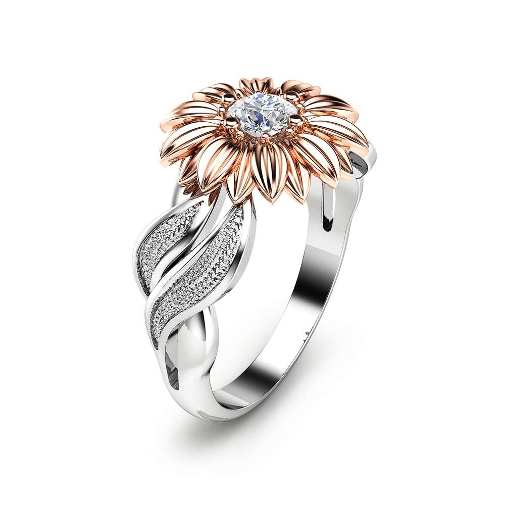 Natural Diamond Sunflower Engagement Ring 14K Two Tone Gold Flower Ring Unique Solitaire Ring Nature Inspired Ring 1 Natural Diamond Sunflower Engagement Ring 14K Two Tone Gold Flower Ring Unique Solitaire Ring Nature Inspired Ring