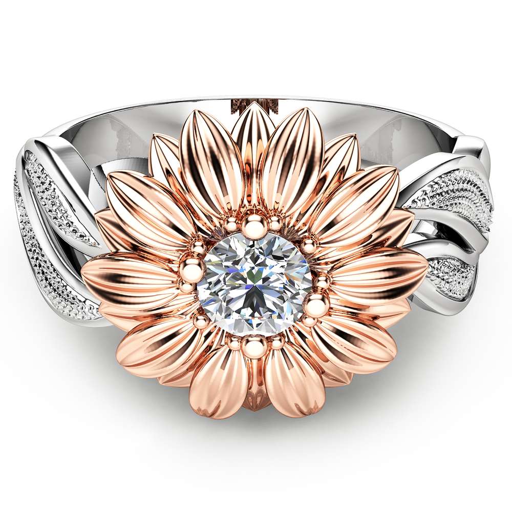 Natural Diamond Sunflower Engagement Ring 14K Two Tone Gold Flower Ring Unique Solitaire Ring Nature Inspired Ring 2 Natural Diamond Sunflower Engagement Ring 14K Two Tone Gold Flower Ring Unique Solitaire Ring Nature Inspired Ring