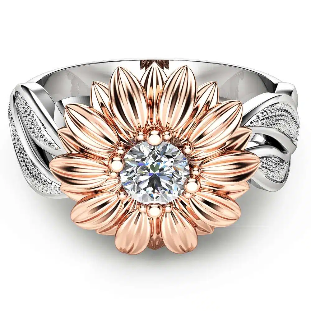 Natural Diamond Sunflower Engagement Ring 14K Two Tone Gold Flower Ring Unique Solitaire Ring Nature Inspired Ring 2 Natural Diamond Sunflower Engagement Ring 14K Two Tone Gold Flower Ring Unique Solitaire Ring Nature Inspired Ring