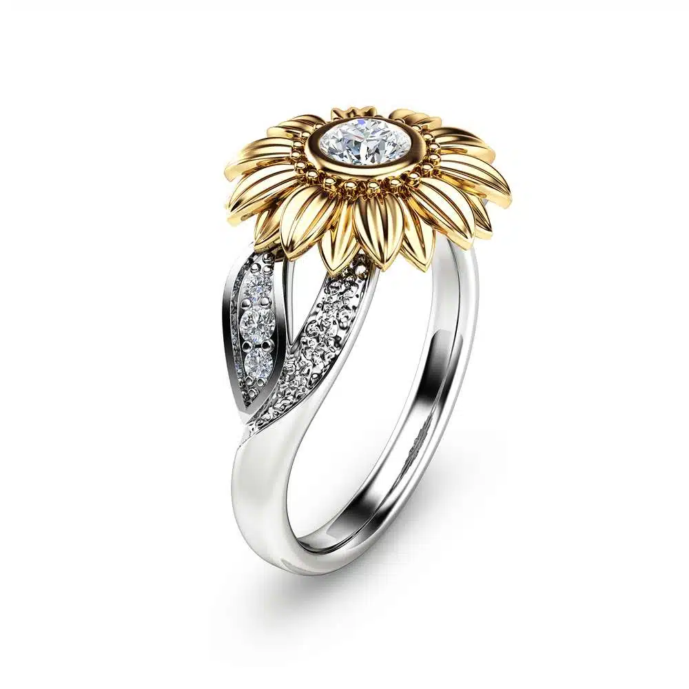Unique Engagement Ring Natural Diamond 14K Gold Ring Sunflower Engagement Ring Camellia Jewelry