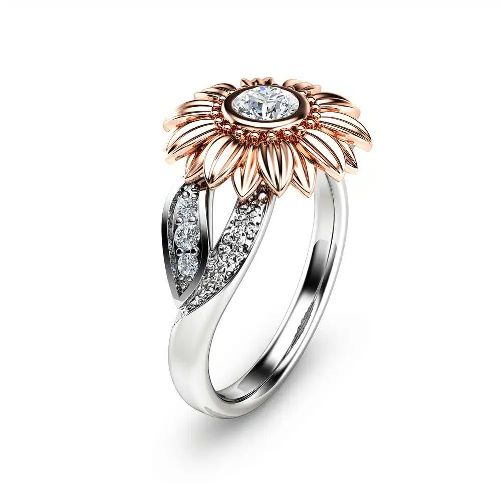 Two Tone Gold Sunflower Engagement Ring Sunflower Diamond Ring Unique Engagement Ring Diamond Flower Ring 1 Two Tone Gold Sunflower Engagement Ring Sunflower Diamond Ring Unique Engagement Ring Diamond Flower Ring