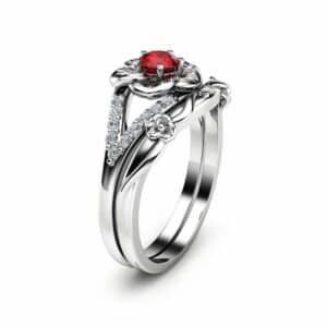 Ruby Engagement Ring Set Unique Flower Rings 14K White Gold Ruby Ring Unique Engagement Rings