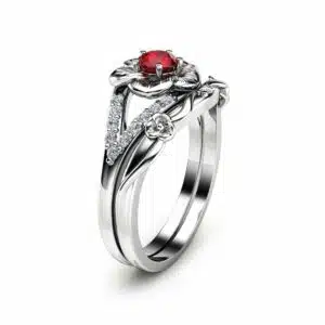 Ruby Engagement Ring Set Unique Flower Rings 14K White Gold Ruby Ring Unique Engagement Rings