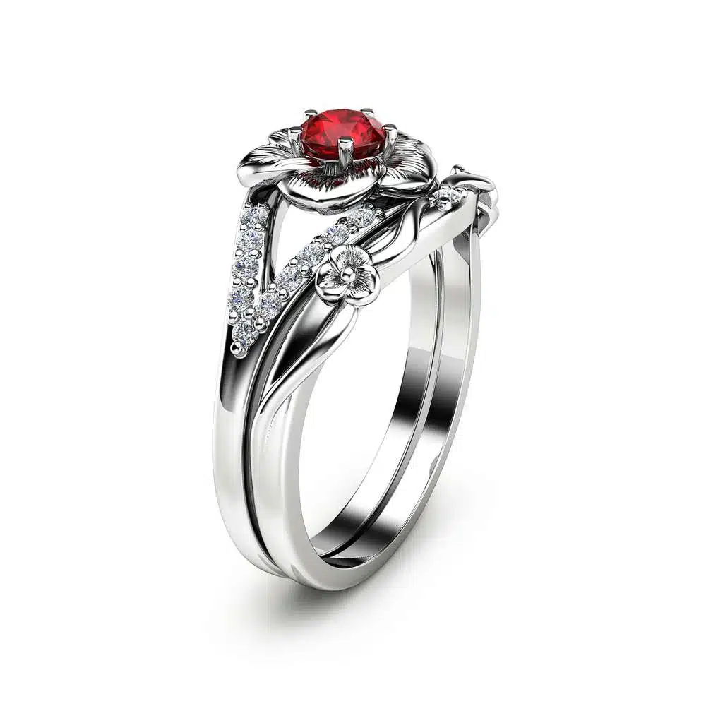 Ruby Engagement Ring Set Unique Flower Rings 14K White Gold Ruby Ring Unique Engagement Rings