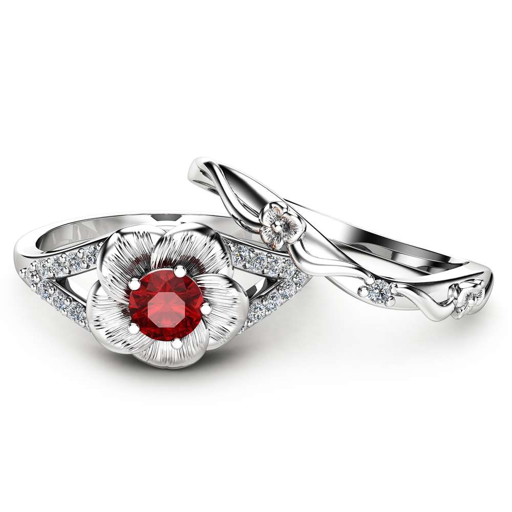 Ruby Engagement Ring Set Unique Flower Rings 14K White Gold Ruby Ring Unique Engagement Rings