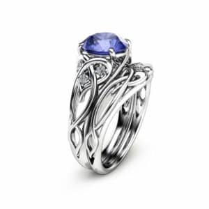Natural Tanzanite Unique Engagement Rings 14K White Gold Ring Set Unique Design Engagement Ring Set
