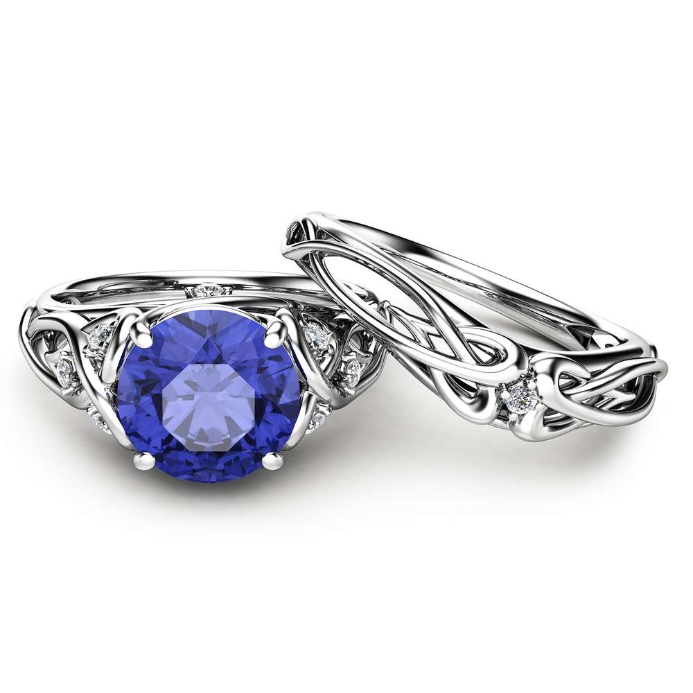 Natural Tanzanite Unique Engagement Rings 14K White Gold Ring Set Unique Design Engagement Ring Set