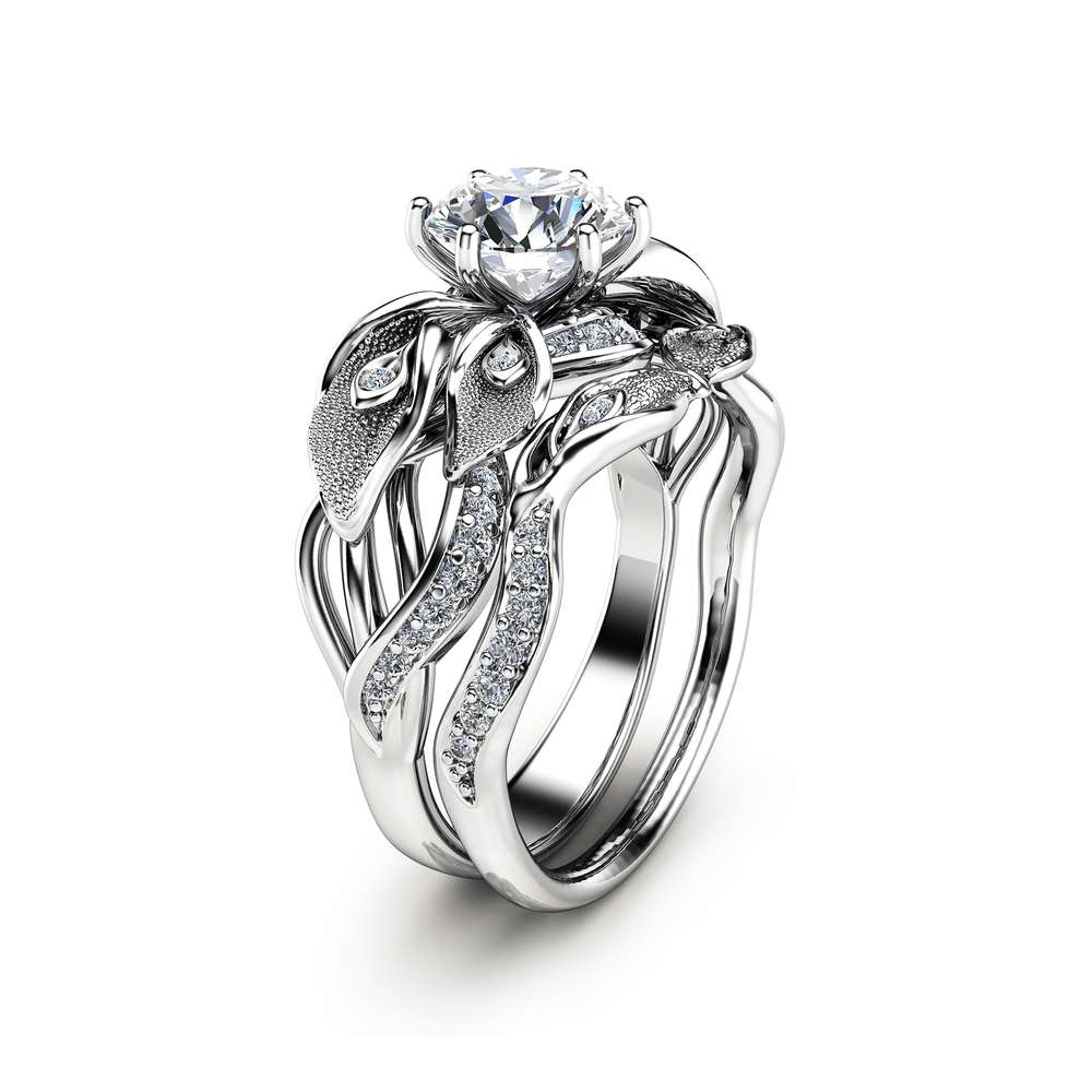 Floral Moissanite Engagement Ring Set 14K White Gold Moissanite Rings Calla Lily Design Engagement Rings 1 Floral Moissanite Engagement Ring Set 14K White Gold Moissanite Rings Calla Lily Design Engagement Rings