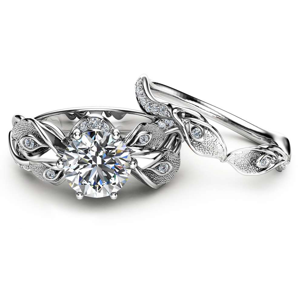 Diamond Wedding Ring Set 14K White Gold Engagement Ring Calla Lily Flower Bridal Set Rings 2 Diamond Wedding Ring Set 14K White Gold Engagement Ring Calla Lily Flower Bridal Set Rings
