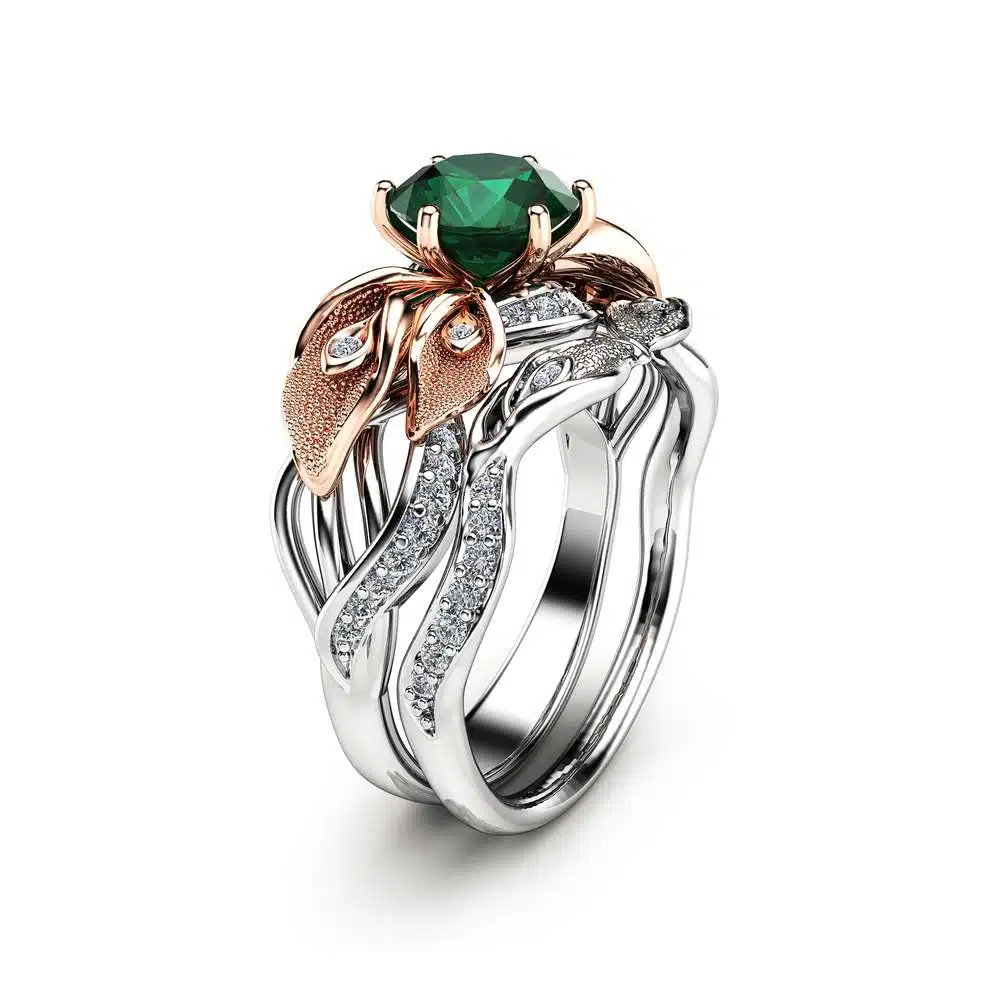 Floral Emerald Engagement Ring Set 14K Two Tone Gold Emerald Ring Calla Lily Engagement Rings Unique Gemstone Ring 1 Floral Emerald Engagement Ring Set 14K Two Tone Gold Emerald Ring Calla Lily Engagement Rings Unique Gemstone Ring