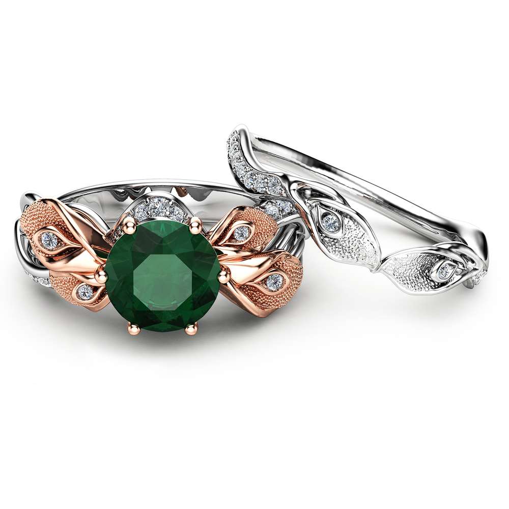 Floral Emerald Engagement Ring Set 14K Two Tone Gold Emerald Ring Calla Lily Engagement Rings Unique Gemstone Ring 2 Floral Emerald Engagement Ring Set 14K Two Tone Gold Emerald Ring Calla Lily Engagement Rings Unique Gemstone Ring