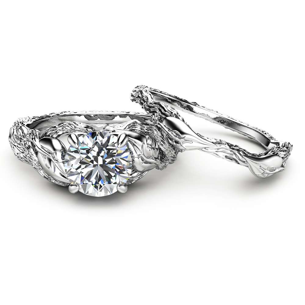 Nature Inspired Moissanite Engagement Ring Set 14K White Gold Engagement Rings Branch and Wedding Moissanite Rings