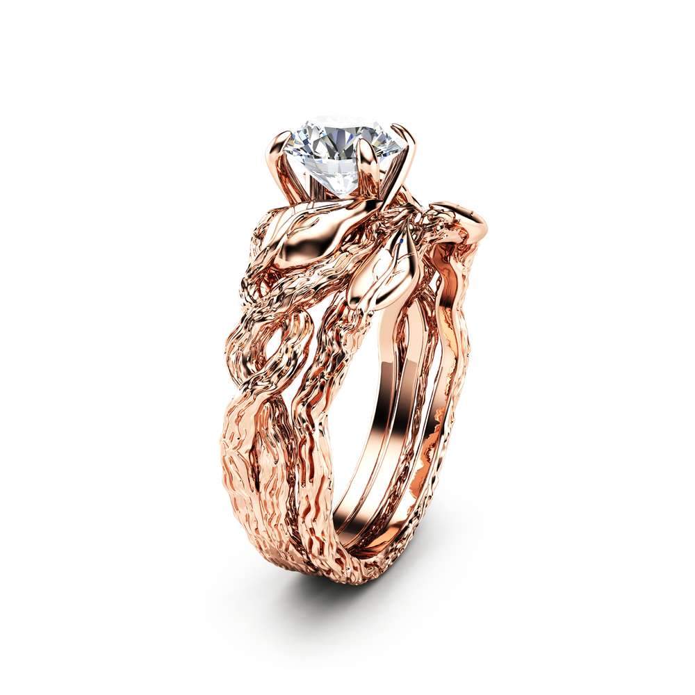 Nature Inspired Moissanite Engagement Ring Set 14K Rose Gold Engagement Rings Branch and Wedding Moissanite Rings 1 Nature Inspired Moissanite Engagement Ring Set 14K Rose Gold Engagement Rings Branch and Wedding Moissanite Rings