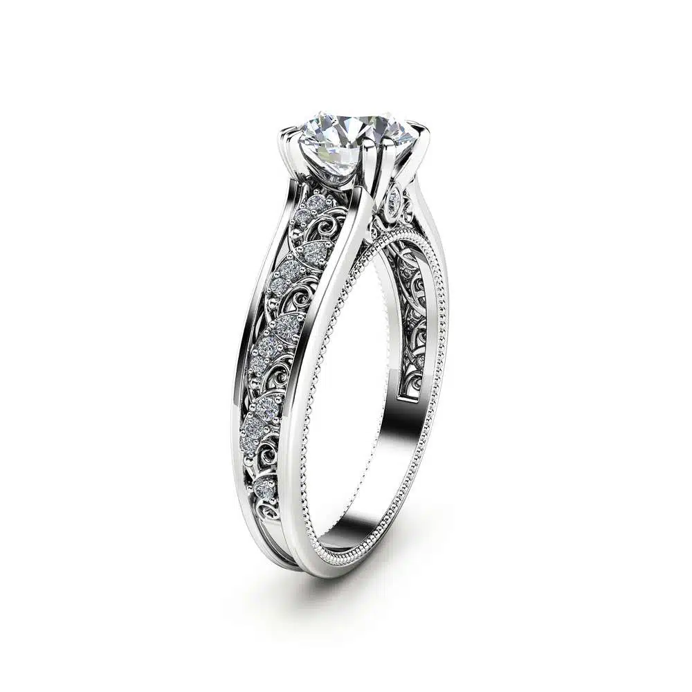 Moissanite Vintage Engagement Ring 14K White Gold Engagement Ring Diamond Moissanite Vintage Ring