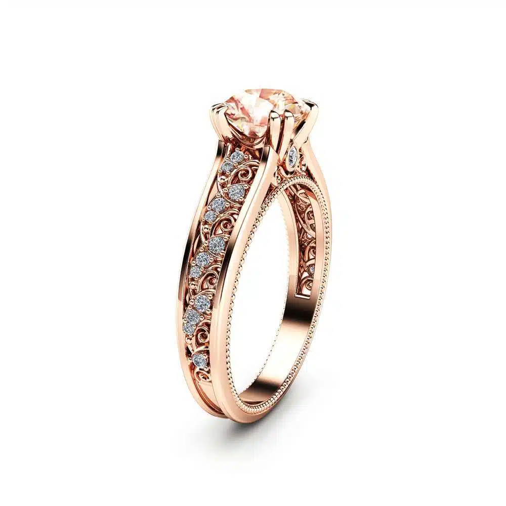 Morganite Vintage Engagement Ring Unique 14K Rose Gold Engagement Ring Diamond Morganite Vintage Ring 1 Morganite Vintage Engagement Ring Unique 14K Rose Gold Engagement Ring Diamond Morganite Vintage Ring