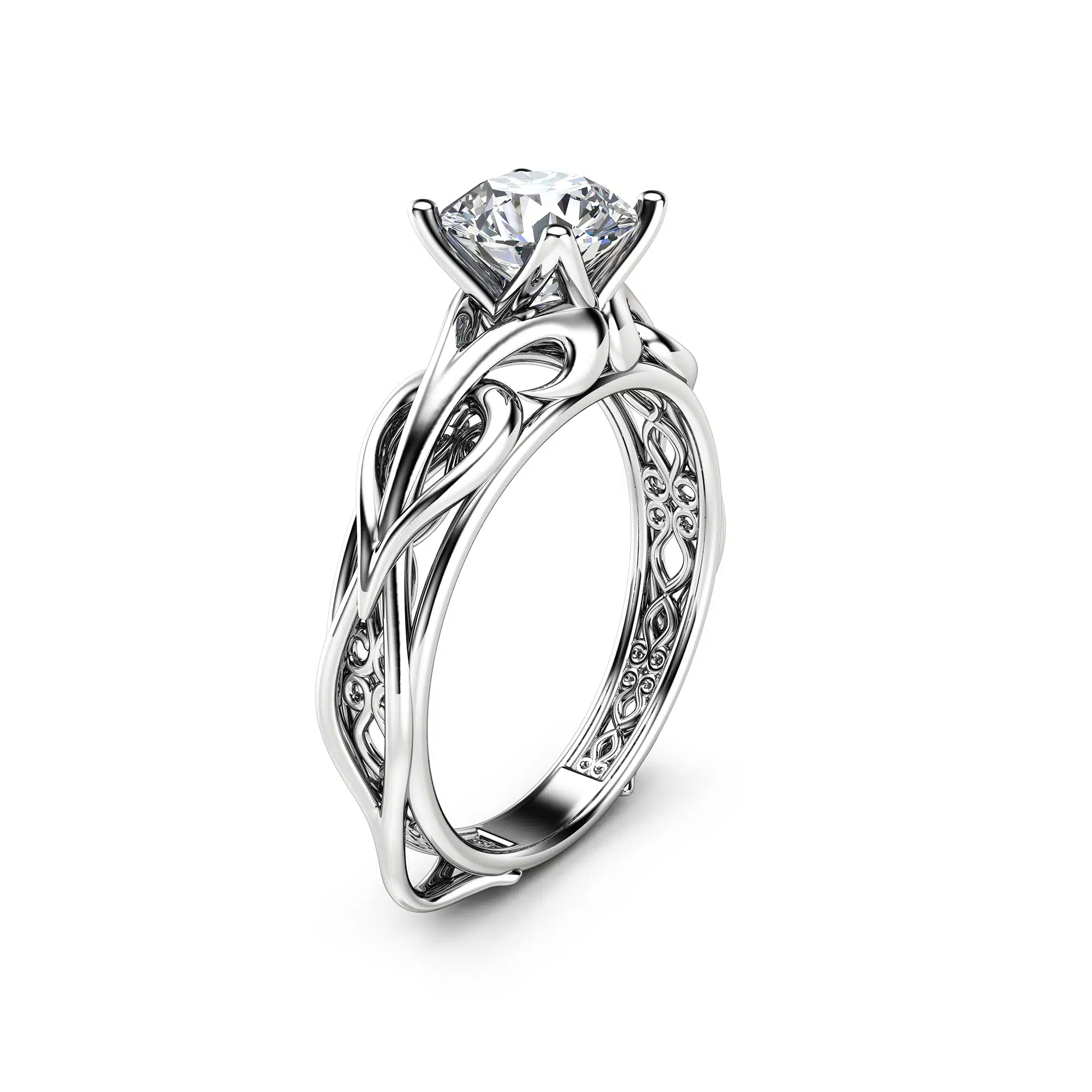 Angled View Celestial Swirl Diamond Ring An angled view of a diamond engagement ring with a unique swirling woven band.
