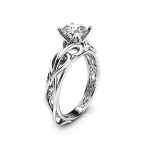 Elven Twist Engagement Ring with Celtic Inspired Design and Intricate Nature Motifs for Unique Wedding Jewelry