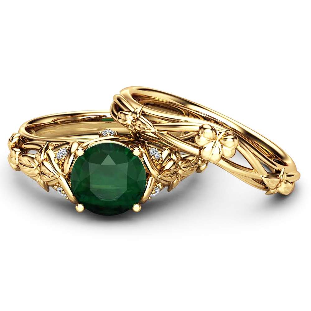 Natural Emerald Shamrock Celtic Knot Engagement Ring Set 14K Yellow Gold Emerald Ring Irish Engagement Ring with Matching Band