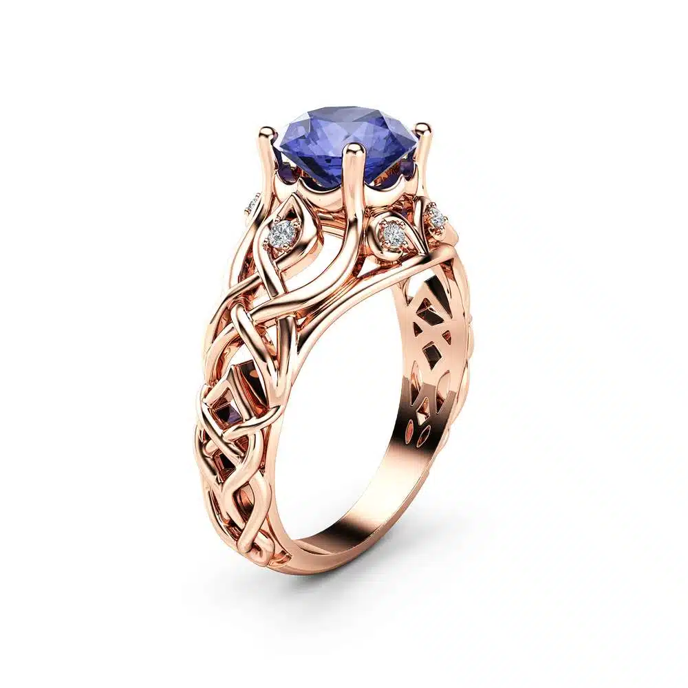 Celtic Bluish Violet Tanzanite Engagement Ring 14K Rose Gold Ring Natural Tanzanite Engagement Ring