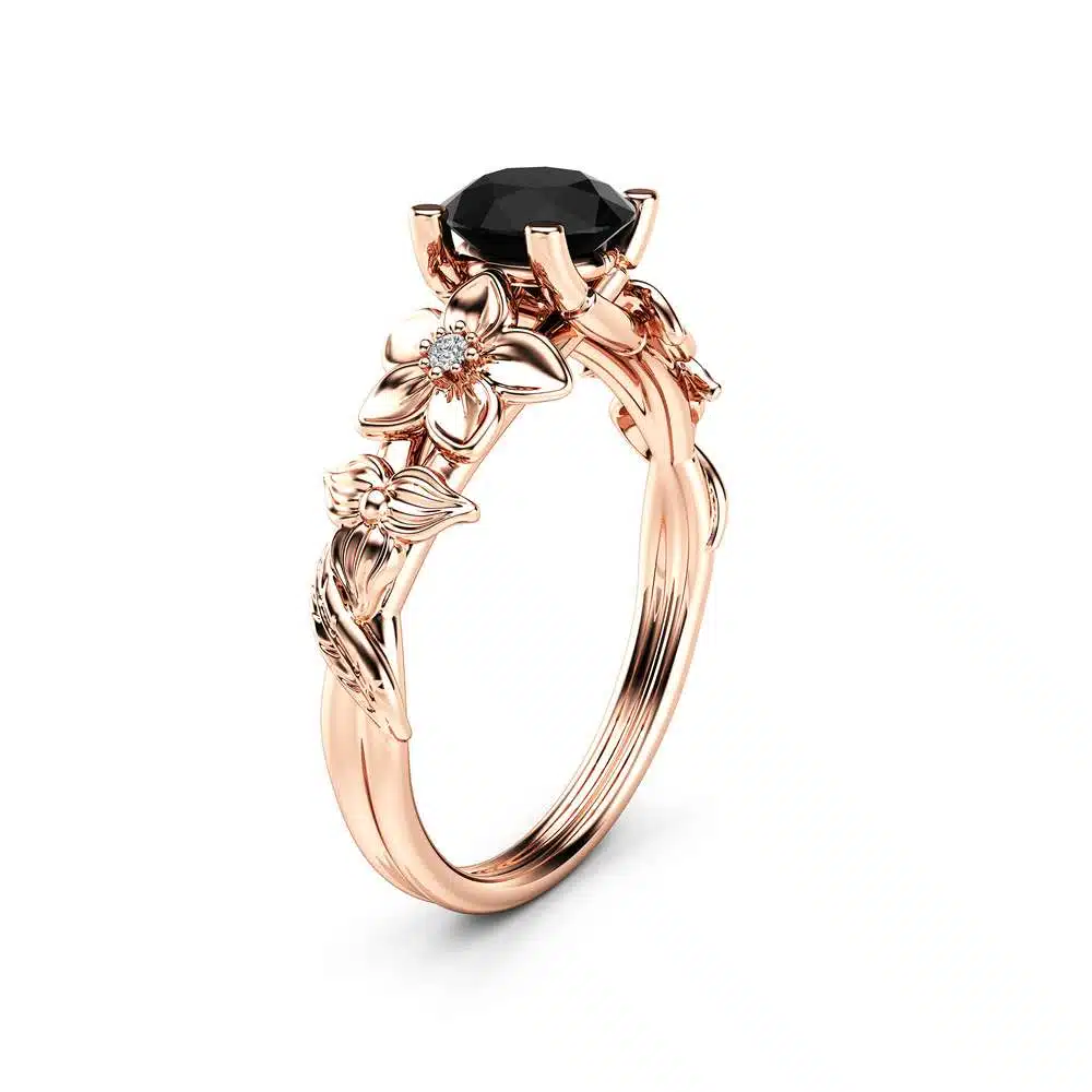 Black Diamond Engagement Ring 14K Rose Gold Diamond Ring Unique Flower Design Ring 1 Black Diamond Engagement Ring 14K Rose Gold Diamond Ring Unique Flower Design Ring