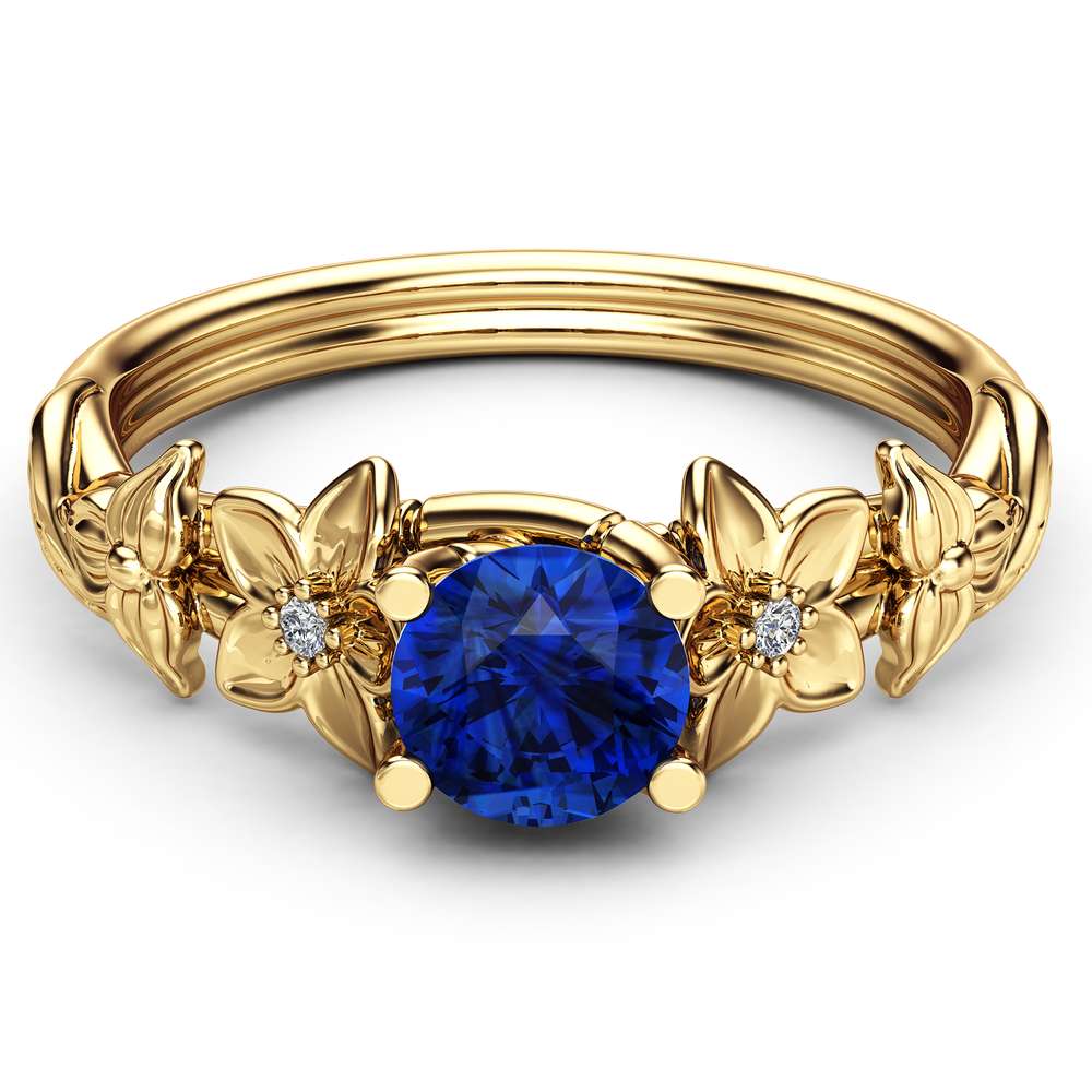 Blue Sapphire Engagement Ring 14K Yellow Gold Sapphire Ring Unique Flower Design Ring