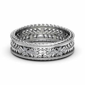 Unique Filigree Wedding Band 14K White Gold Ring Unique Diamonds Wedding Band Unisex Wedding Ring