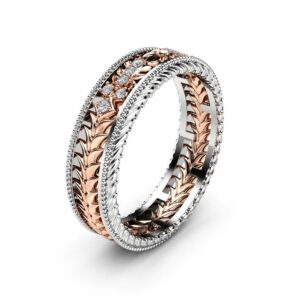 Unique Art Deco Milgrain Wedding Band 14K Two Tone Gold Ring Unique Diamonds Wedding Band Unisex Wedding Ring