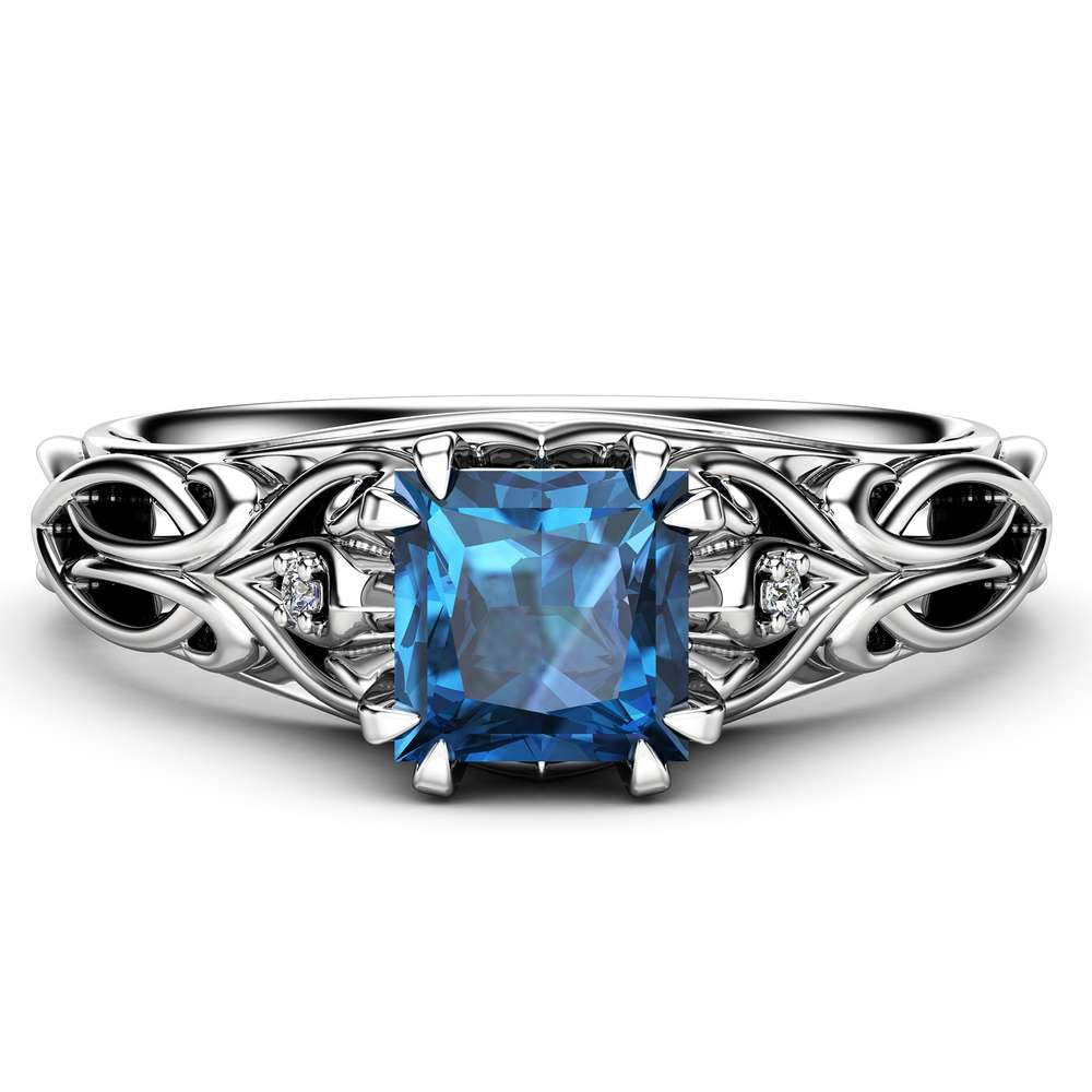 Art Deco Princess Topaz Engagement Ring 14K White Gold Engagement Ring Victorian Blue Topaz Ring