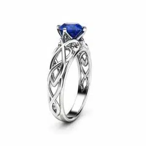 Victorian Natural Blue Sapphire Engagement Ring 14K White Gold Ring Unique Art Deco Engagement Ring